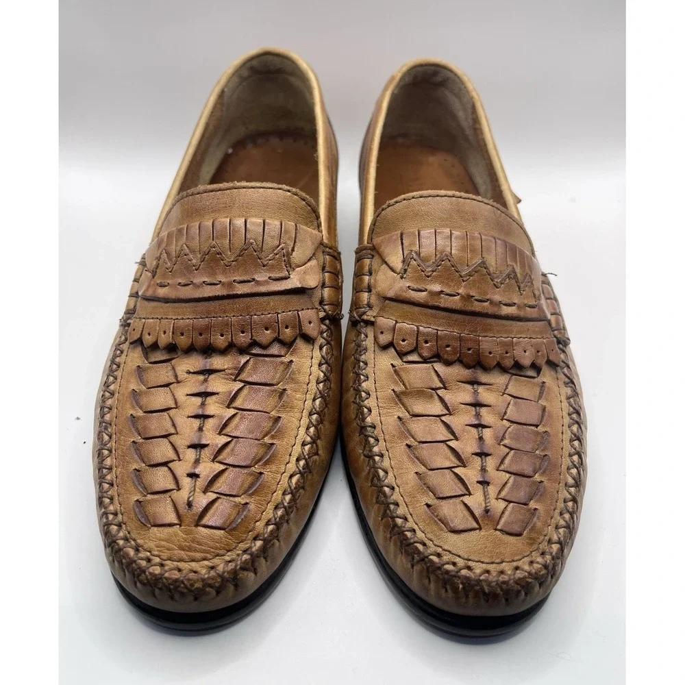 Wytcher Men's Brown Leather Woven Slip-On Loafers Round Toe Size 7 1/2